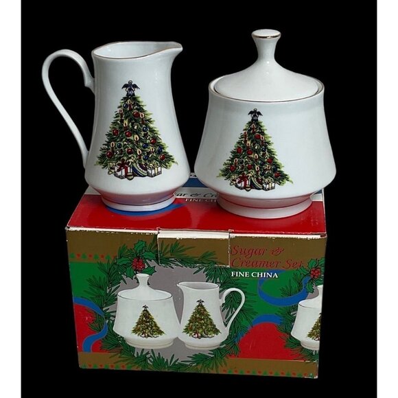Vintage Set of 2 Fine China Creamer and Sugar Bowl Christmas Tree Design in Box - Picture 1 of 5
